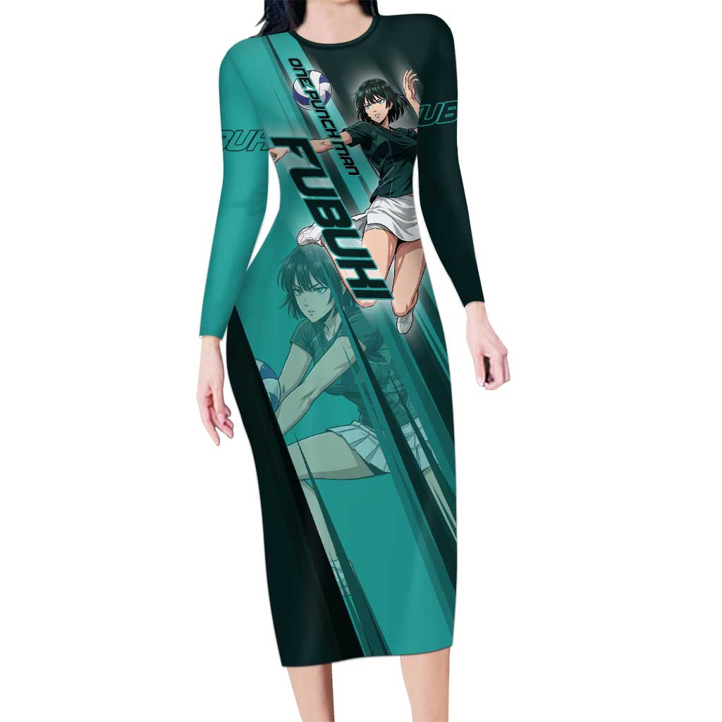 Personalized Fubuki Volleyball Design Long Sleeve Bodycon Dress with Teal Athletic Theme and Dynamic Action Pose