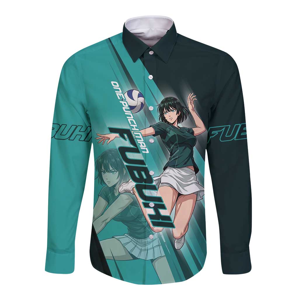 Personalized Fubuki Volleyball Design Long Sleeve Button Shirt with Teal Athletic Theme and Dynamic Action Pose