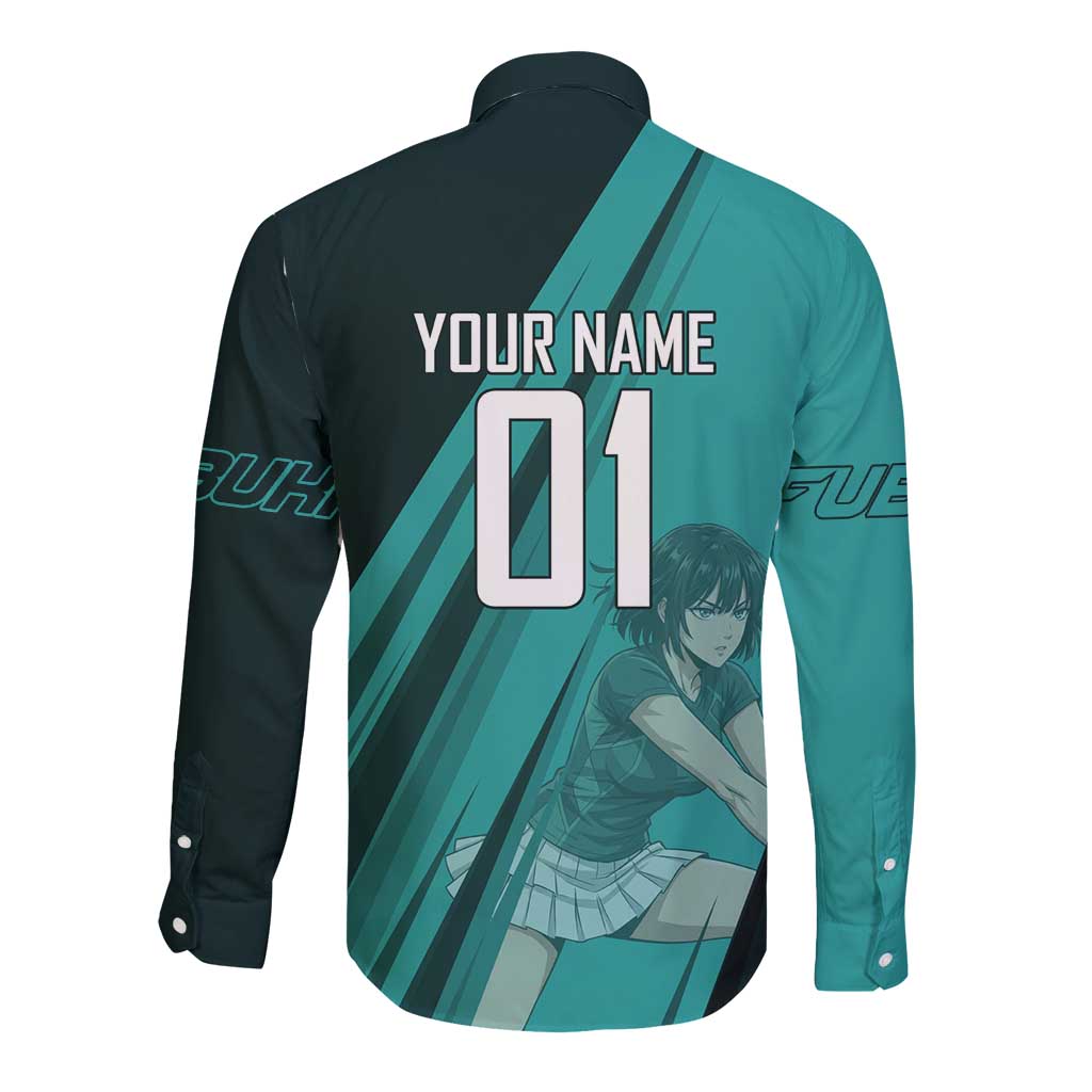 Personalized Fubuki Volleyball Design Long Sleeve Button Shirt with Teal Athletic Theme and Dynamic Action Pose