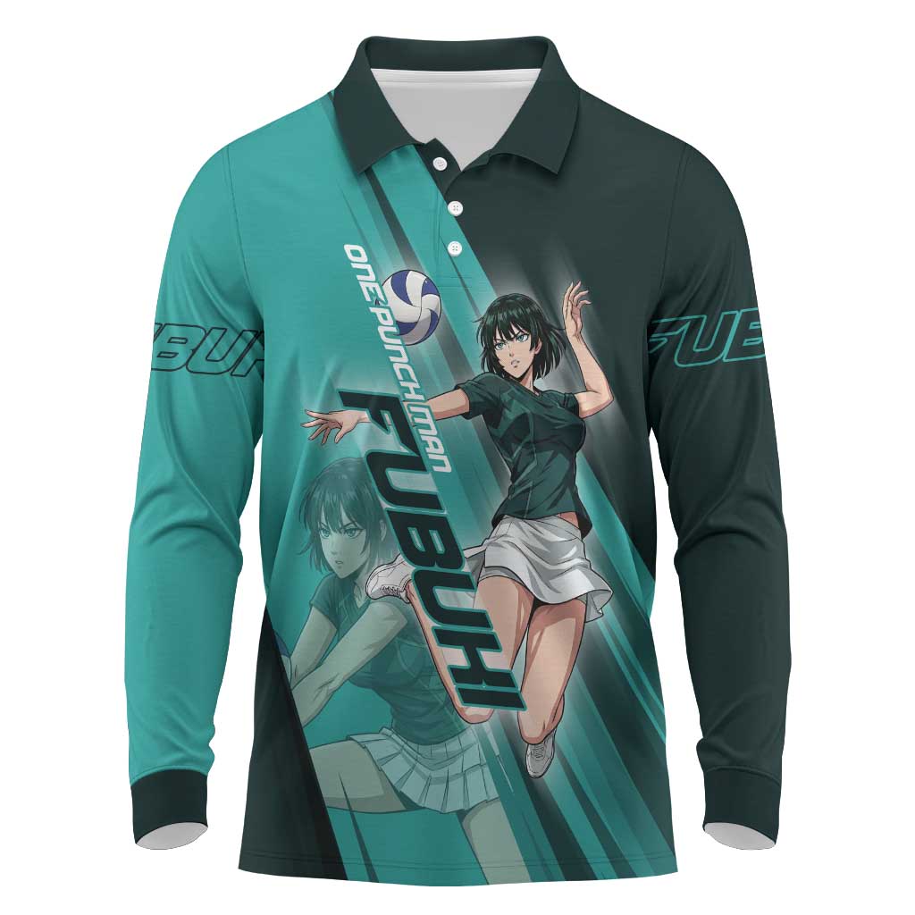 Personalized Fubuki Volleyball Design Long Sleeve Polo Shirt with Teal Athletic Theme and Dynamic Action Pose
