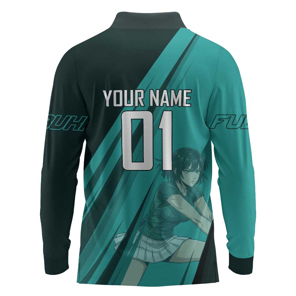 Personalized Fubuki Volleyball Design Long Sleeve Polo Shirt with Teal Athletic Theme and Dynamic Action Pose