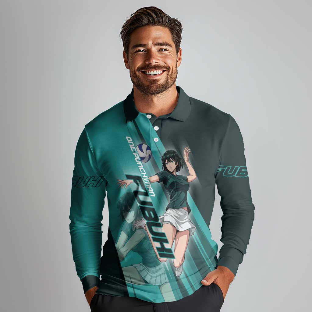 Personalized Fubuki Volleyball Design Long Sleeve Polo Shirt with Teal Athletic Theme and Dynamic Action Pose