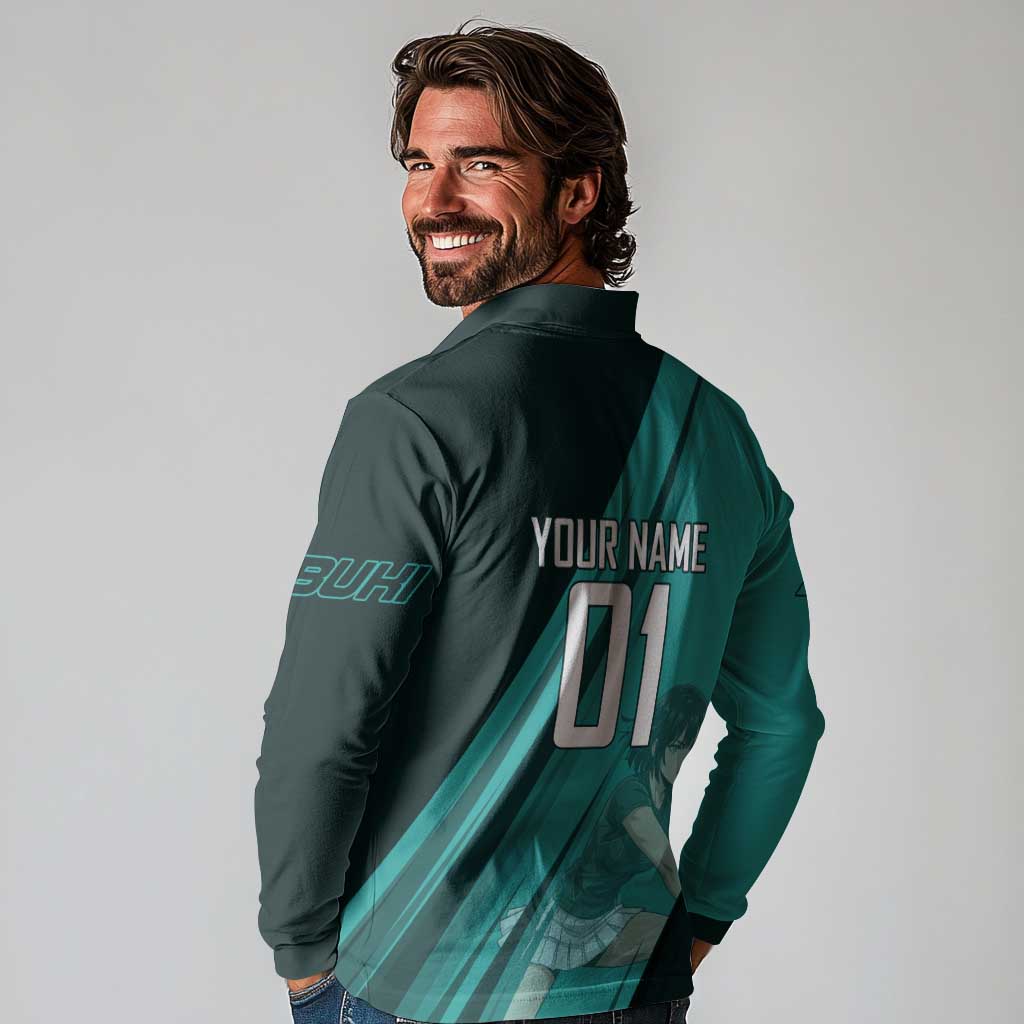 Personalized Fubuki Volleyball Design Long Sleeve Polo Shirt with Teal Athletic Theme and Dynamic Action Pose