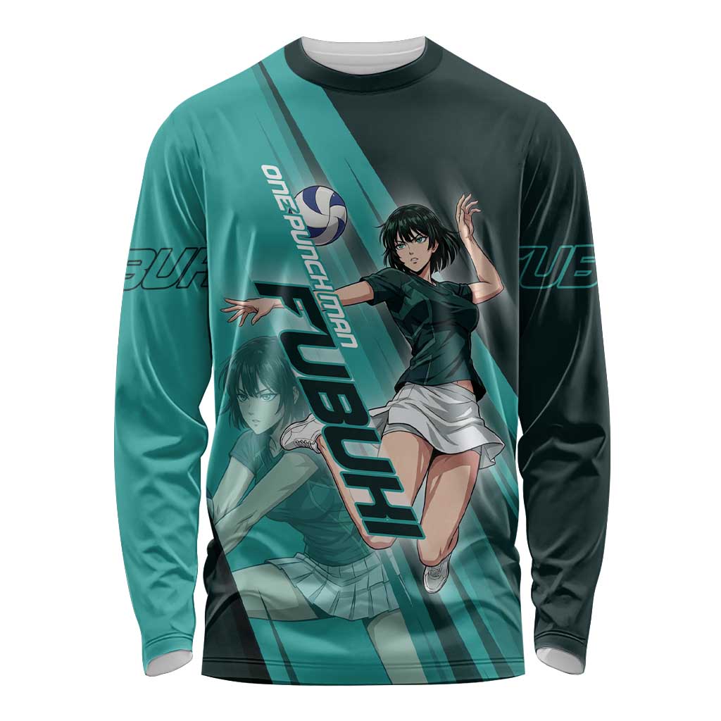 Personalized Fubuki Volleyball Design Long Sleeve Shirt with Teal Athletic Theme and Dynamic Action Pose