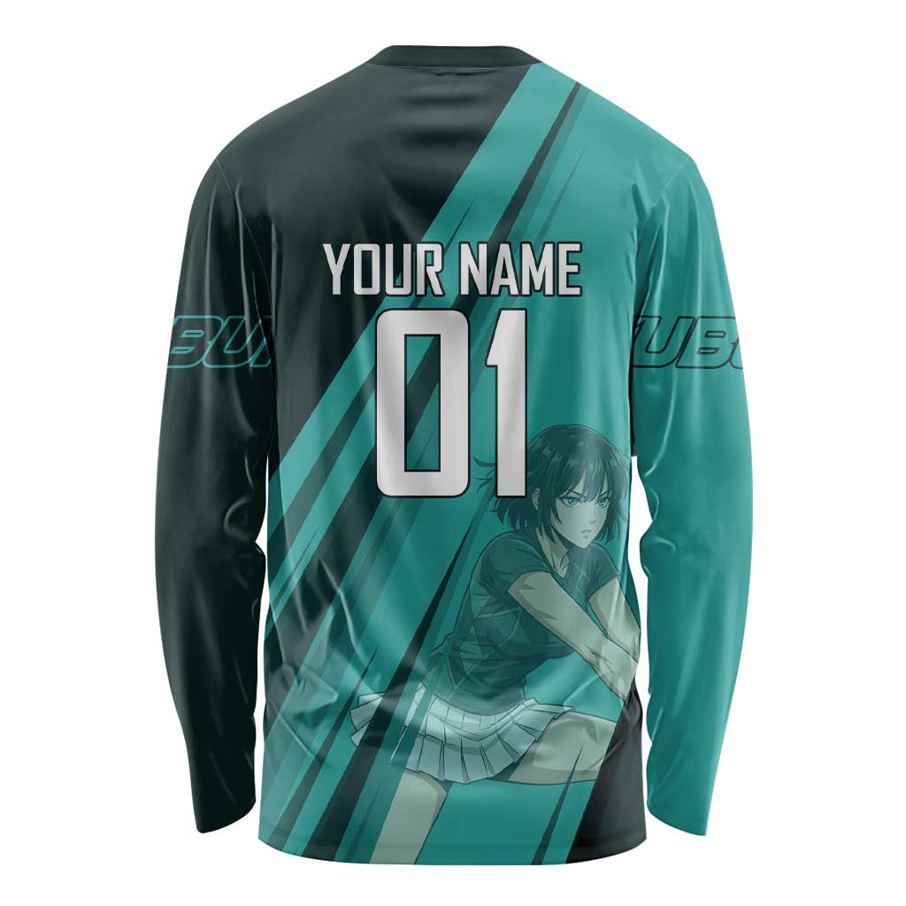 Personalized Fubuki Volleyball Design Long Sleeve Shirt with Teal Athletic Theme and Dynamic Action Pose