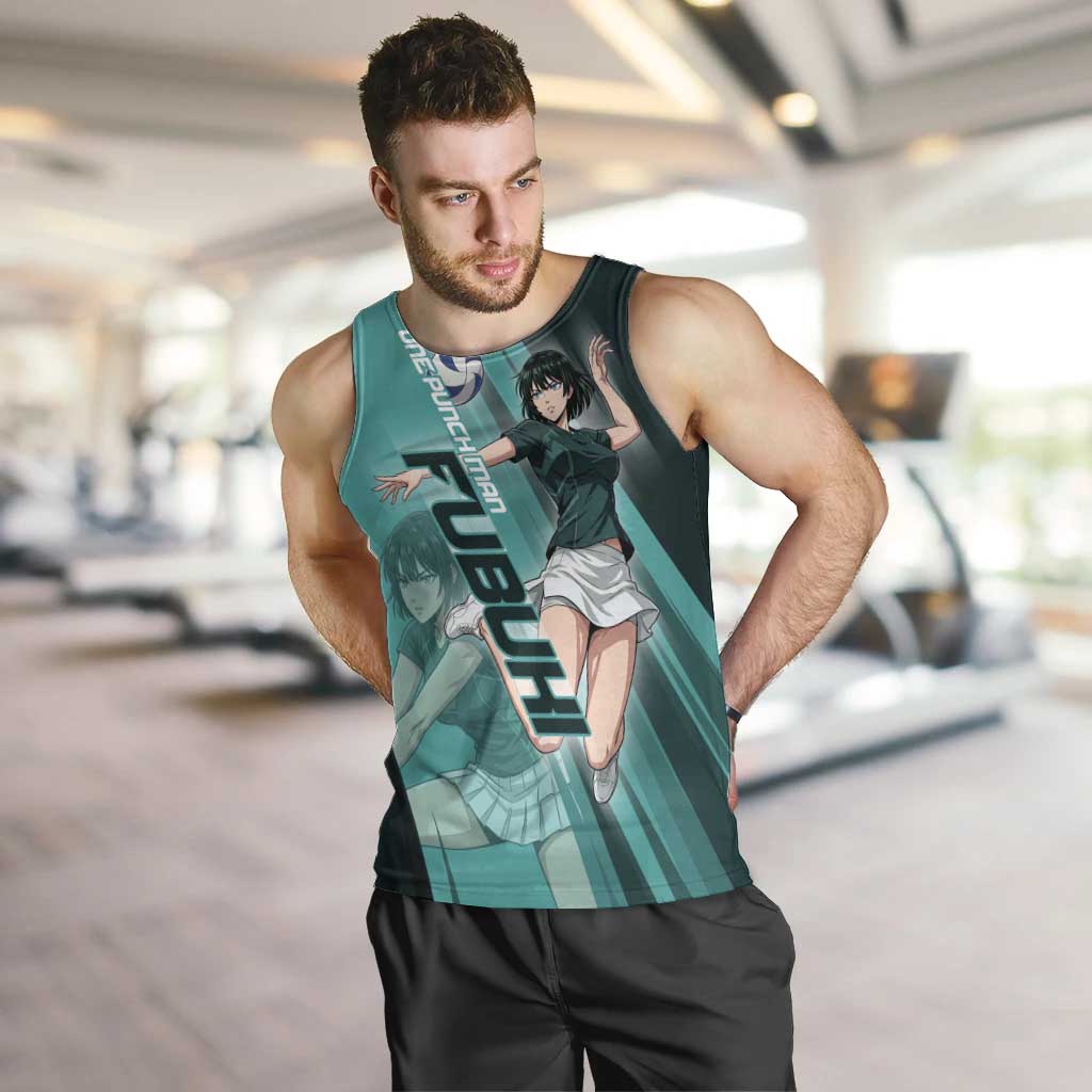Personalized Fubuki Volleyball Design Men Tank Top with Teal Athletic Theme and Dynamic Action Pose