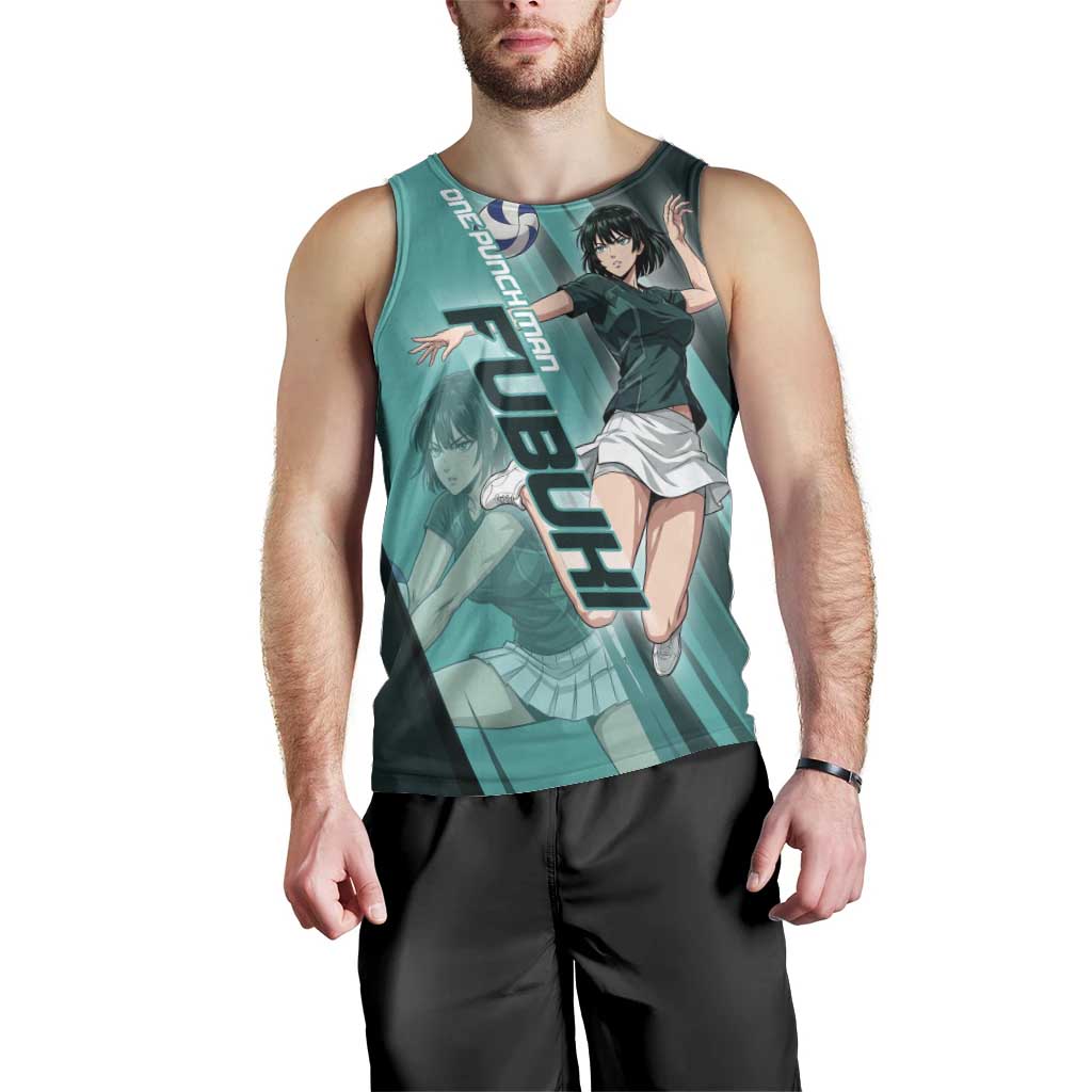 Personalized Fubuki Volleyball Design Men Tank Top with Teal Athletic Theme and Dynamic Action Pose