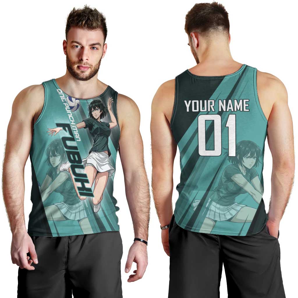 Personalized Fubuki Volleyball Design Men Tank Top with Teal Athletic Theme and Dynamic Action Pose