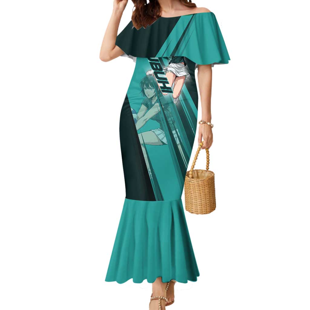 Personalized Fubuki Volleyball Design Mermaid Dress with Teal Athletic Theme and Dynamic Action Pose