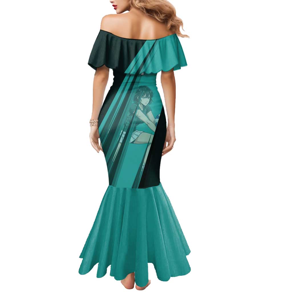 Personalized Fubuki Volleyball Design Mermaid Dress with Teal Athletic Theme and Dynamic Action Pose