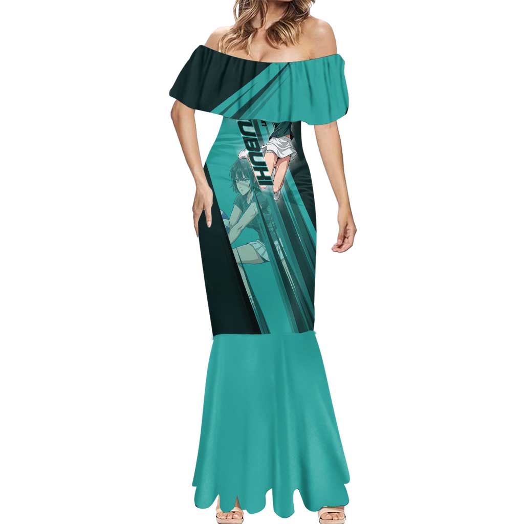 Personalized Fubuki Volleyball Design Mermaid Dress with Teal Athletic Theme and Dynamic Action Pose