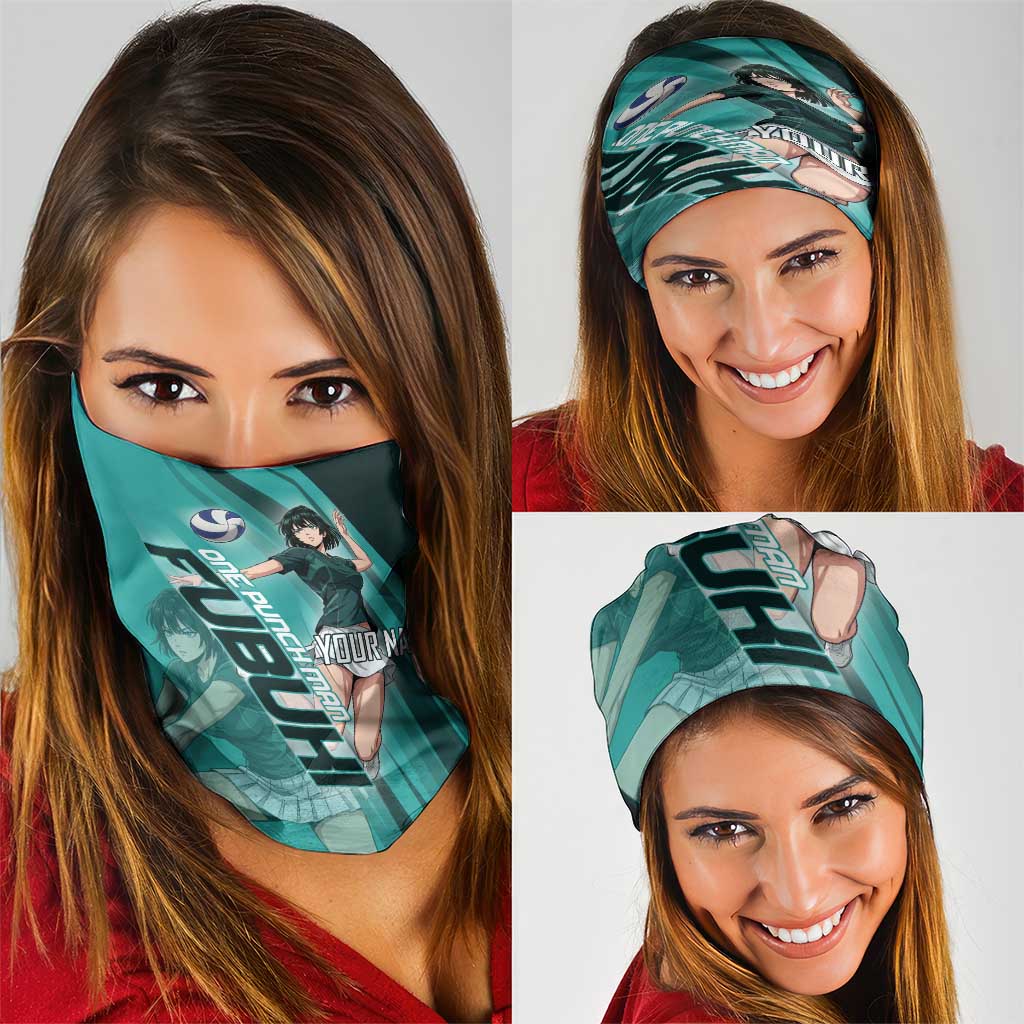 Personalized Fubuki Volleyball Design Neck Gaiter with Teal Athletic Theme and Dynamic Action Pose