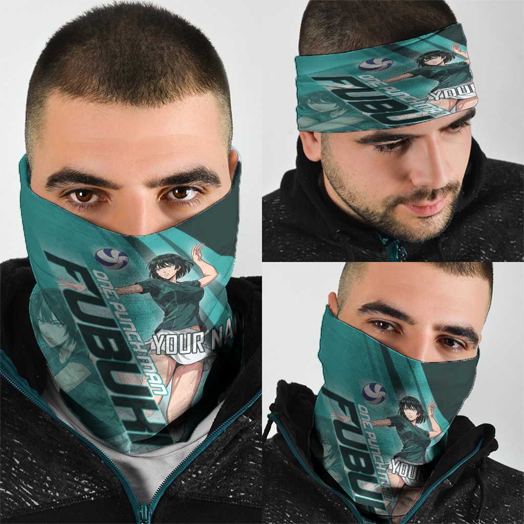 Personalized Fubuki Volleyball Design Neck Gaiter with Teal Athletic Theme and Dynamic Action Pose