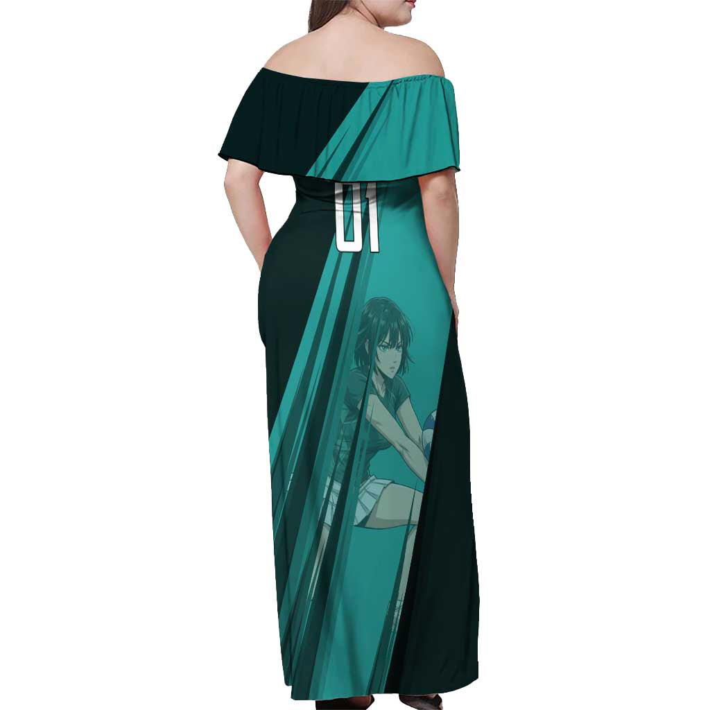 Personalized Fubuki Volleyball Design Off Shoulder Maxi Dress with Teal Athletic Theme and Dynamic Action Pose