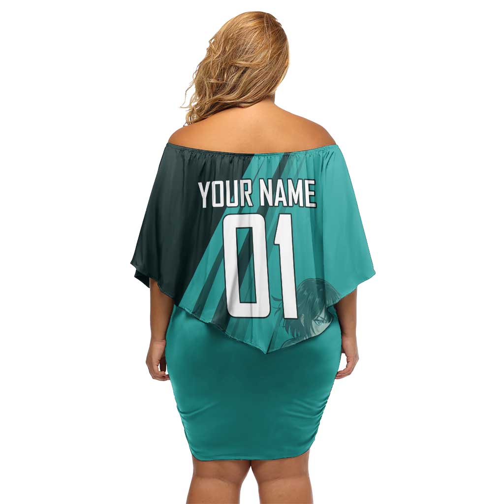 Personalized Fubuki Volleyball Design Off Shoulder Short Dress with Teal Athletic Theme and Dynamic Action Pose