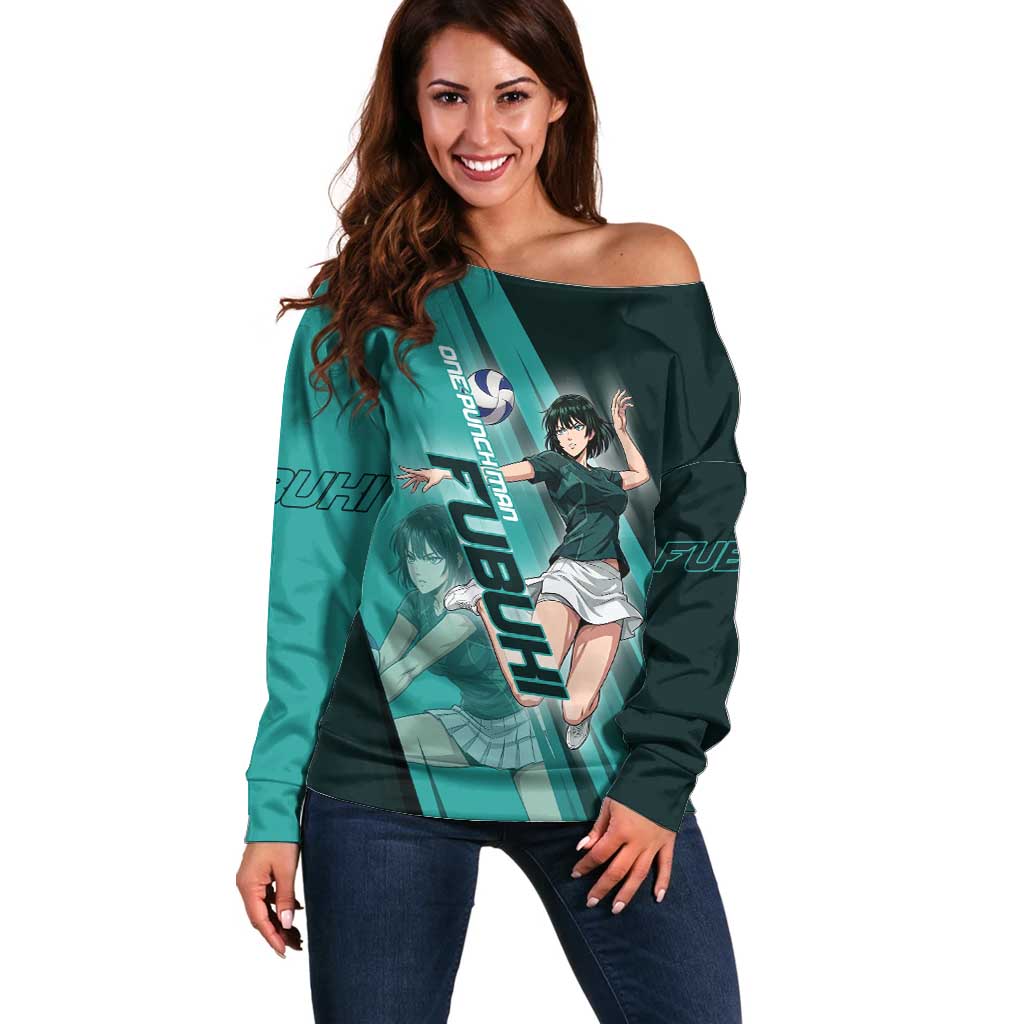 Personalized Fubuki Volleyball Design Off Shoulder Sweater with Teal Athletic Theme and Dynamic Action Pose