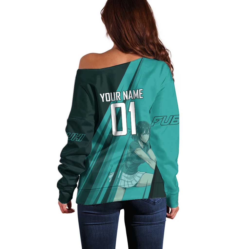 Personalized Fubuki Volleyball Design Off Shoulder Sweater with Teal Athletic Theme and Dynamic Action Pose