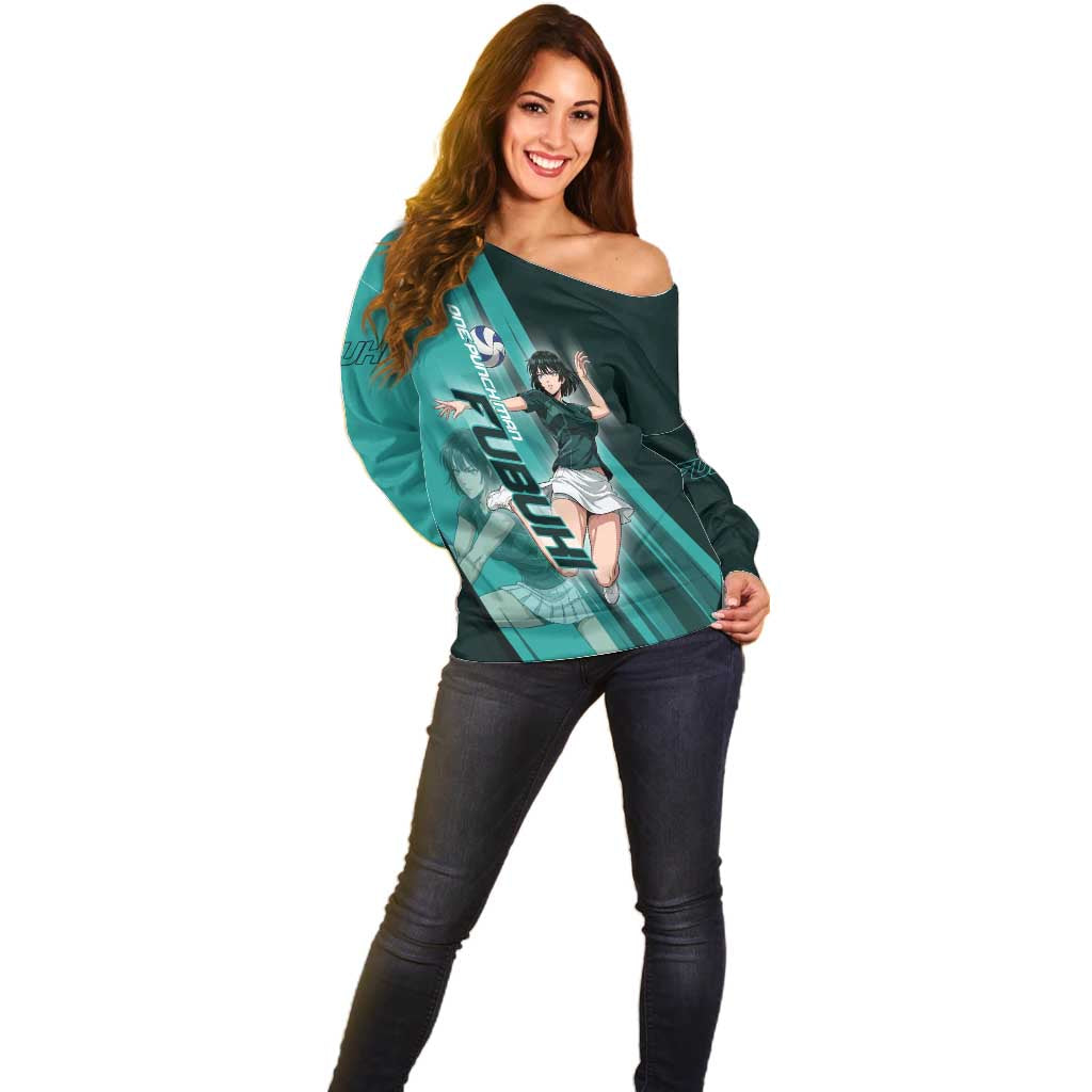 Personalized Fubuki Volleyball Design Off Shoulder Sweater with Teal Athletic Theme and Dynamic Action Pose