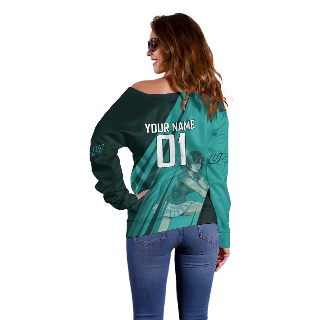 Personalized Fubuki Volleyball Design Off Shoulder Sweater with Teal Athletic Theme and Dynamic Action Pose