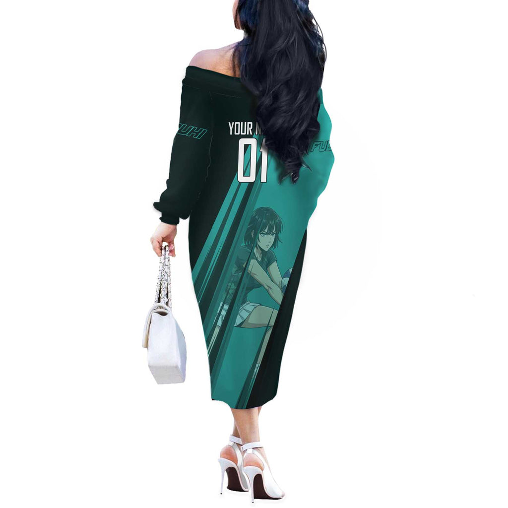 Personalized Fubuki Volleyball Design Off The Shoulder Long Sleeve Dress with Teal Athletic Theme and Dynamic Action Pose