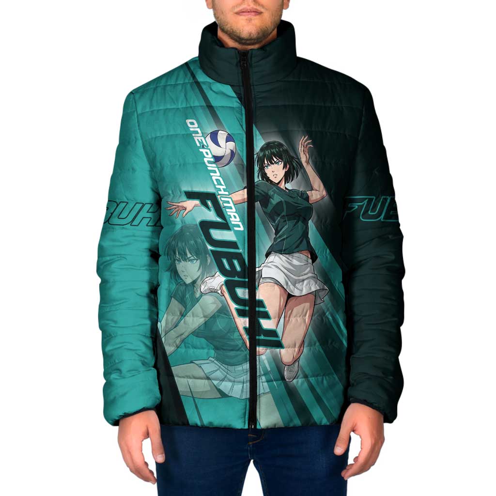 Personalized Fubuki Volleyball Design Padded Jacket with Teal Athletic Theme and Dynamic Action Pose