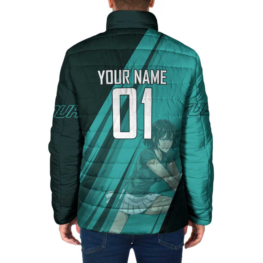 Personalized Fubuki Volleyball Design Padded Jacket with Teal Athletic Theme and Dynamic Action Pose