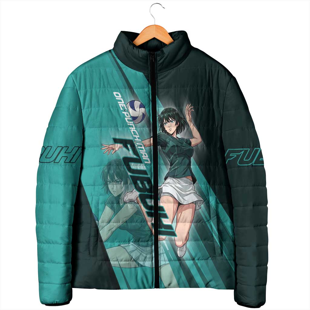 Personalized Fubuki Volleyball Design Padded Jacket with Teal Athletic Theme and Dynamic Action Pose