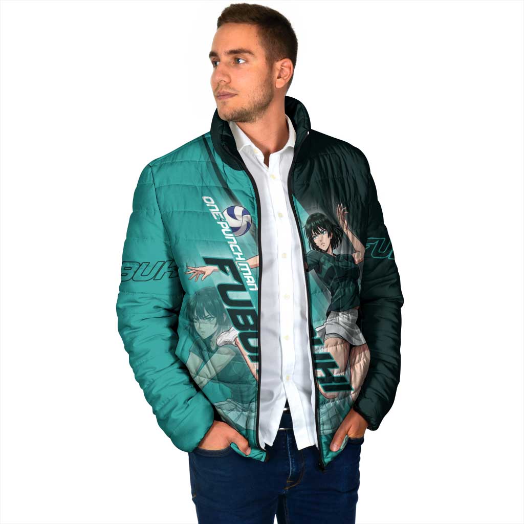 Personalized Fubuki Volleyball Design Padded Jacket with Teal Athletic Theme and Dynamic Action Pose