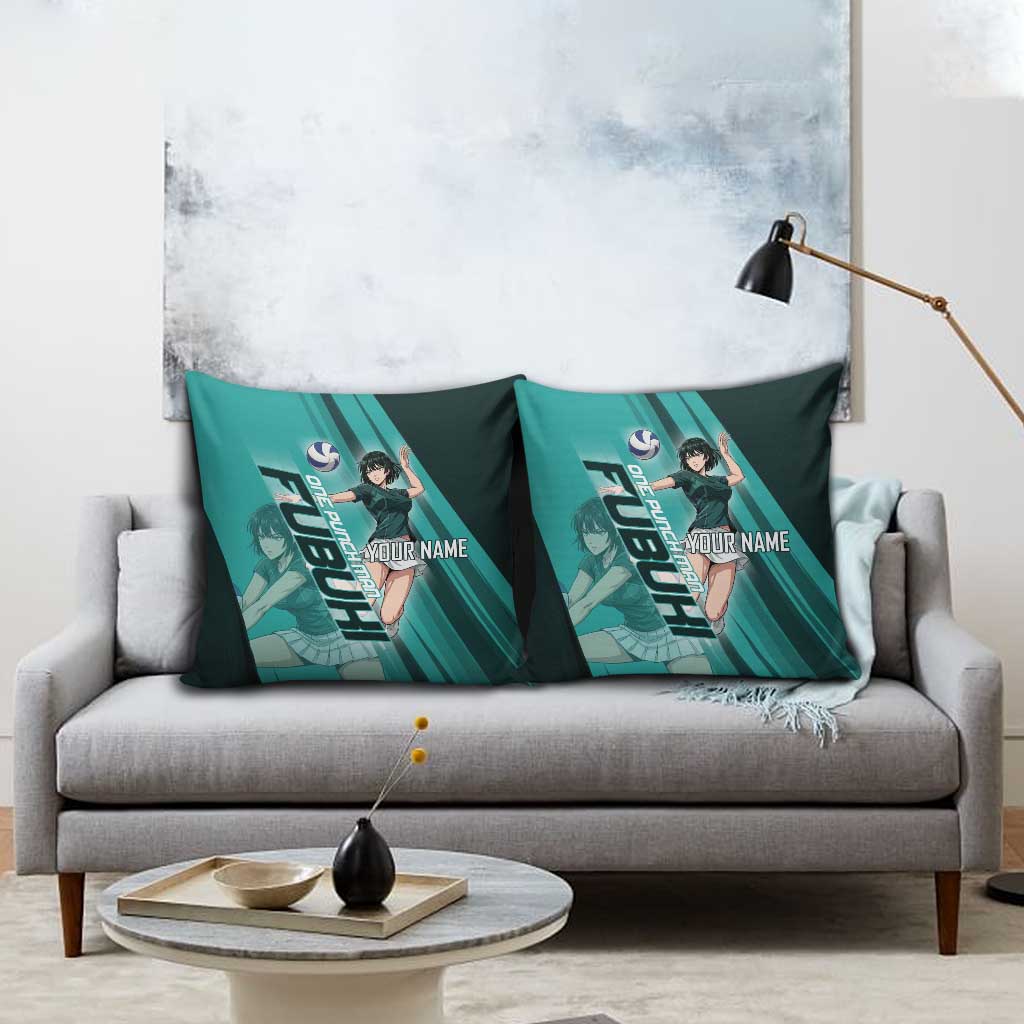 Personalized Fubuki Volleyball Design Pillow Cover with Teal Athletic Theme and Dynamic Action Pose