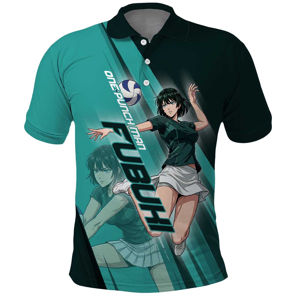 Personalized Fubuki Volleyball Design Polo Shirt with Teal Athletic Theme and Dynamic Action Pose