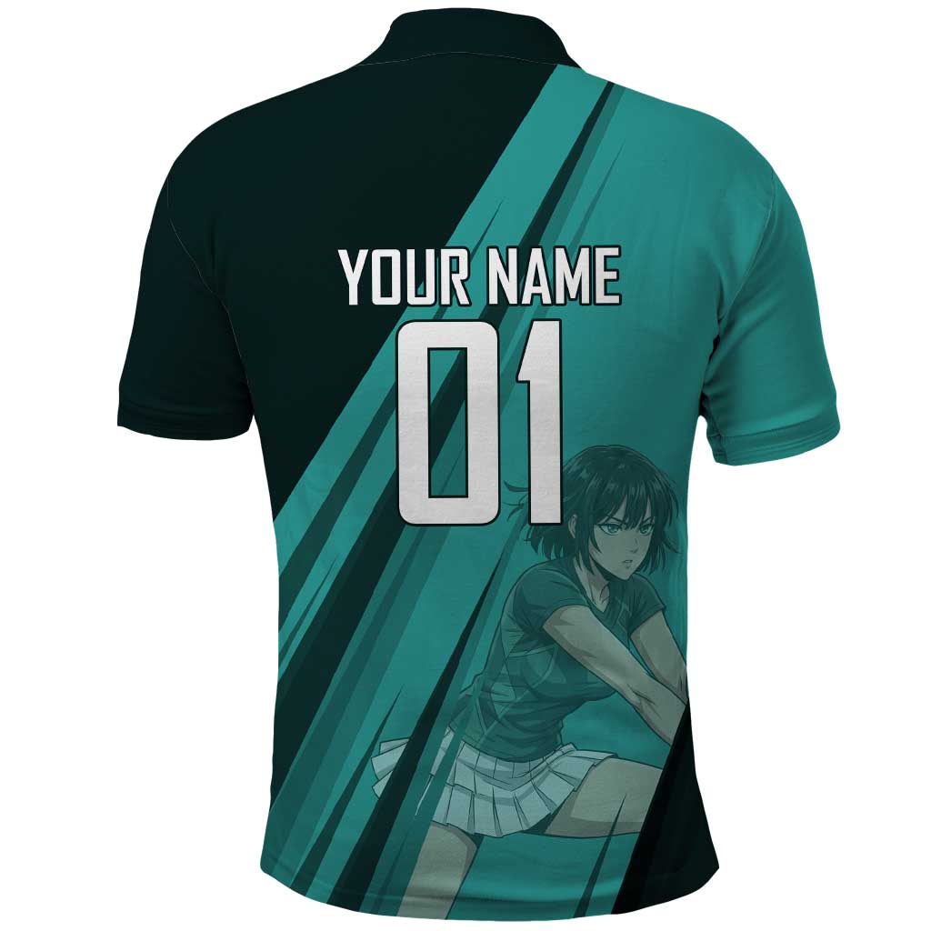 Personalized Fubuki Volleyball Design Polo Shirt with Teal Athletic Theme and Dynamic Action Pose