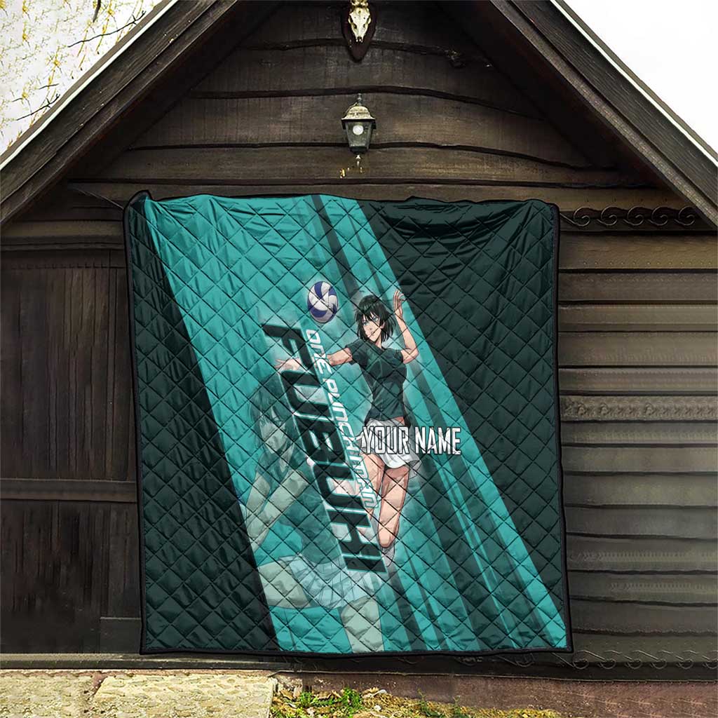 Personalized Fubuki Volleyball Design Quilt with Teal Athletic Theme and Dynamic Action Pose