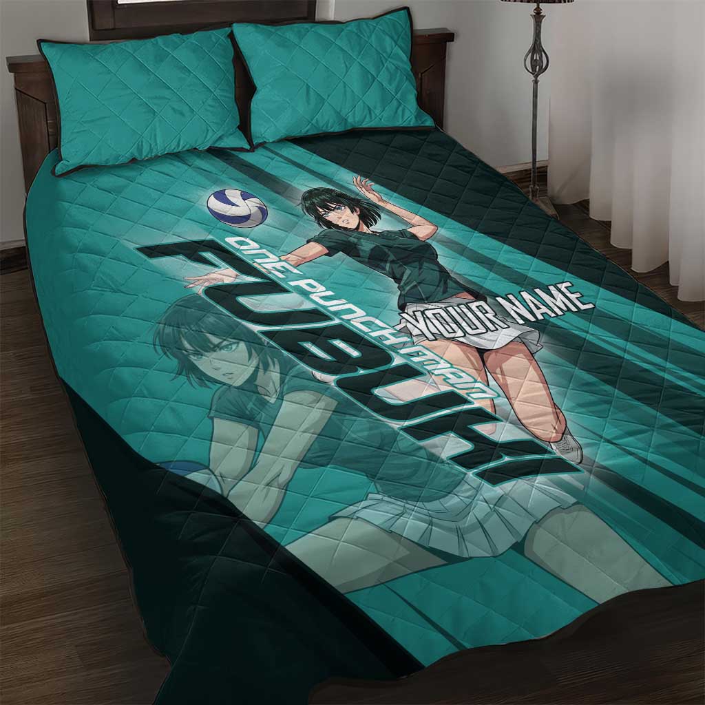 Personalized Fubuki Volleyball Design Quilt Bed Set with Teal Athletic Theme and Dynamic Action Pose