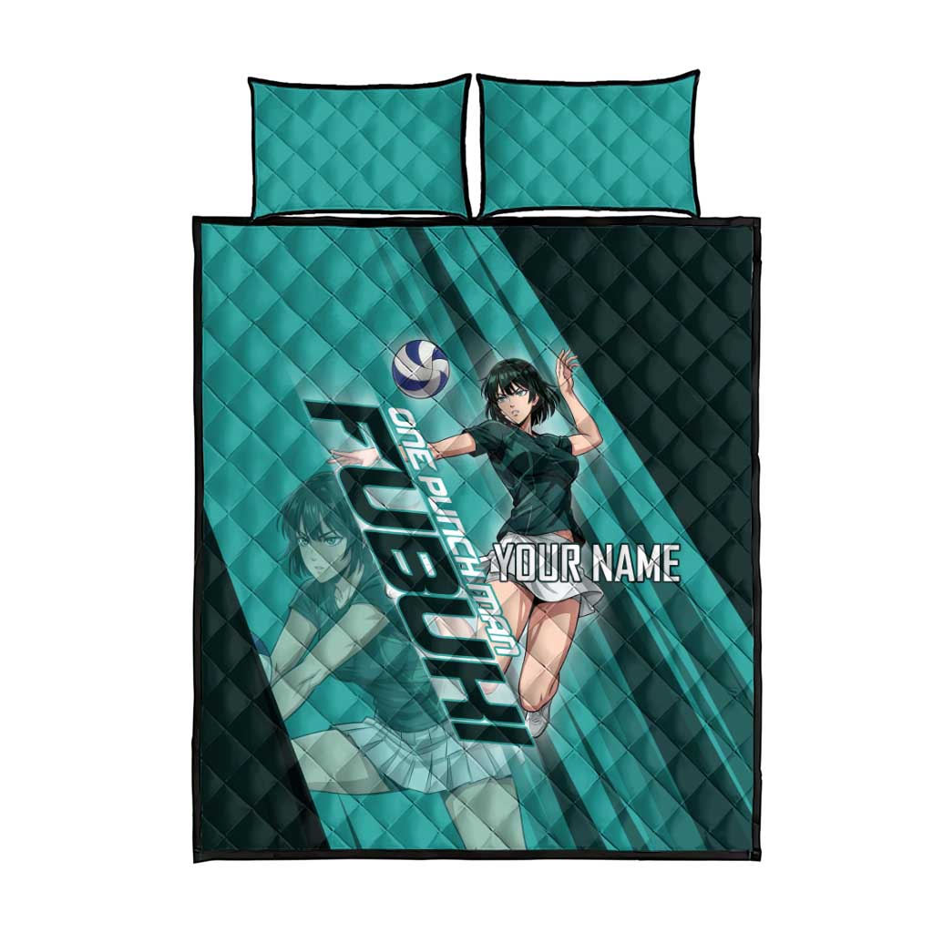 Personalized Fubuki Volleyball Design Quilt Bed Set with Teal Athletic Theme and Dynamic Action Pose