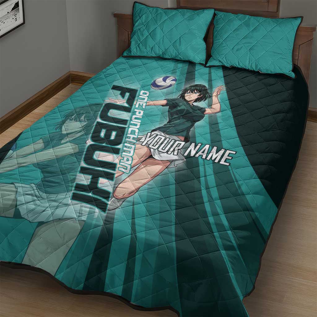 Personalized Fubuki Volleyball Design Quilt Bed Set with Teal Athletic Theme and Dynamic Action Pose