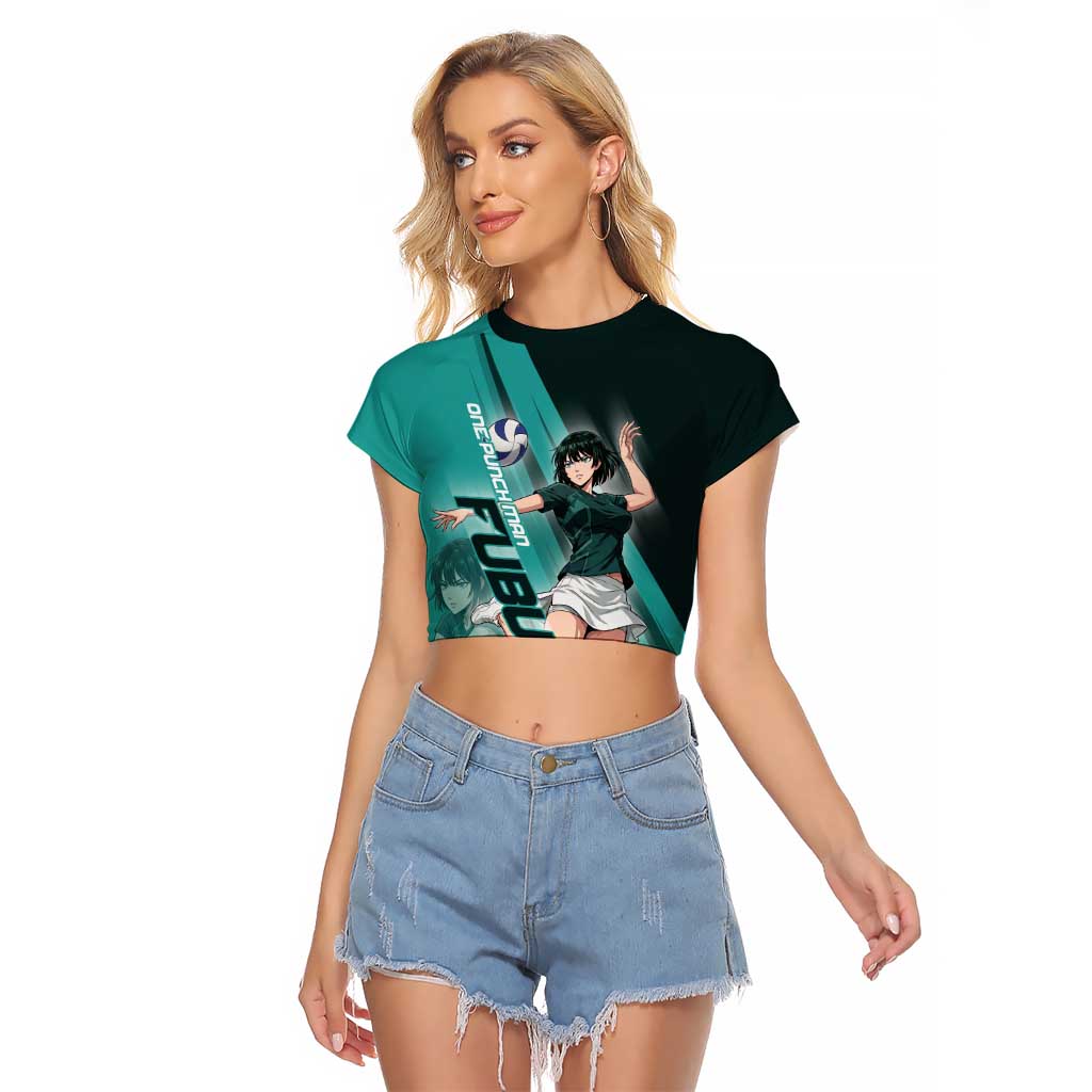 Personalized Fubuki Volleyball Design Raglan Cropped T Shirt with Teal Athletic Theme and Dynamic Action Pose