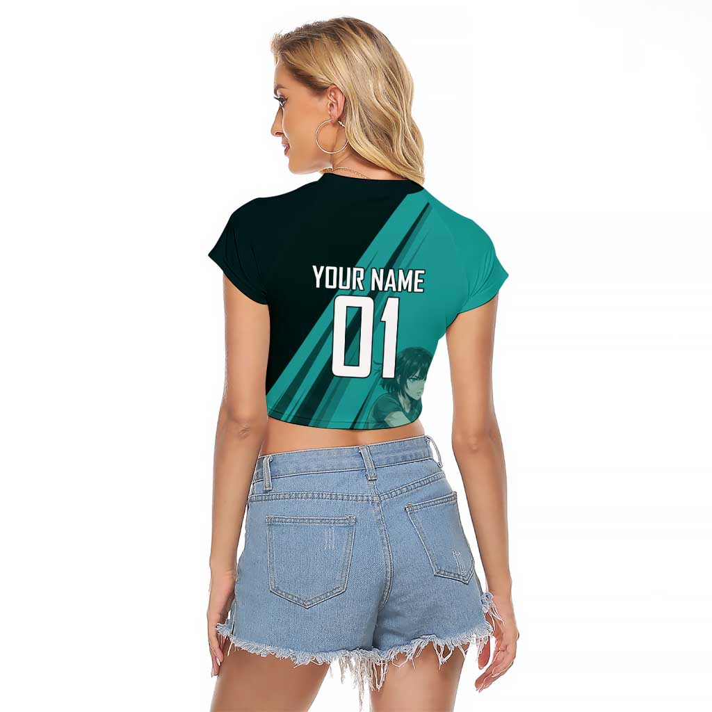 Personalized Fubuki Volleyball Design Raglan Cropped T Shirt with Teal Athletic Theme and Dynamic Action Pose