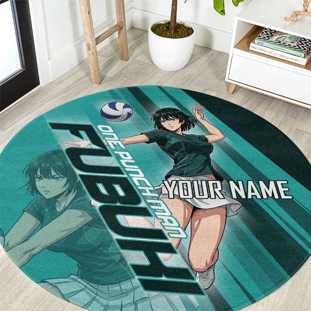 Personalized Fubuki Volleyball Design Round Carpet with Teal Athletic Theme and Dynamic Action Pose