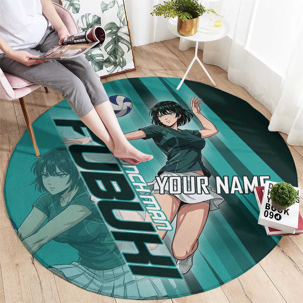 Personalized Fubuki Volleyball Design Round Carpet with Teal Athletic Theme and Dynamic Action Pose