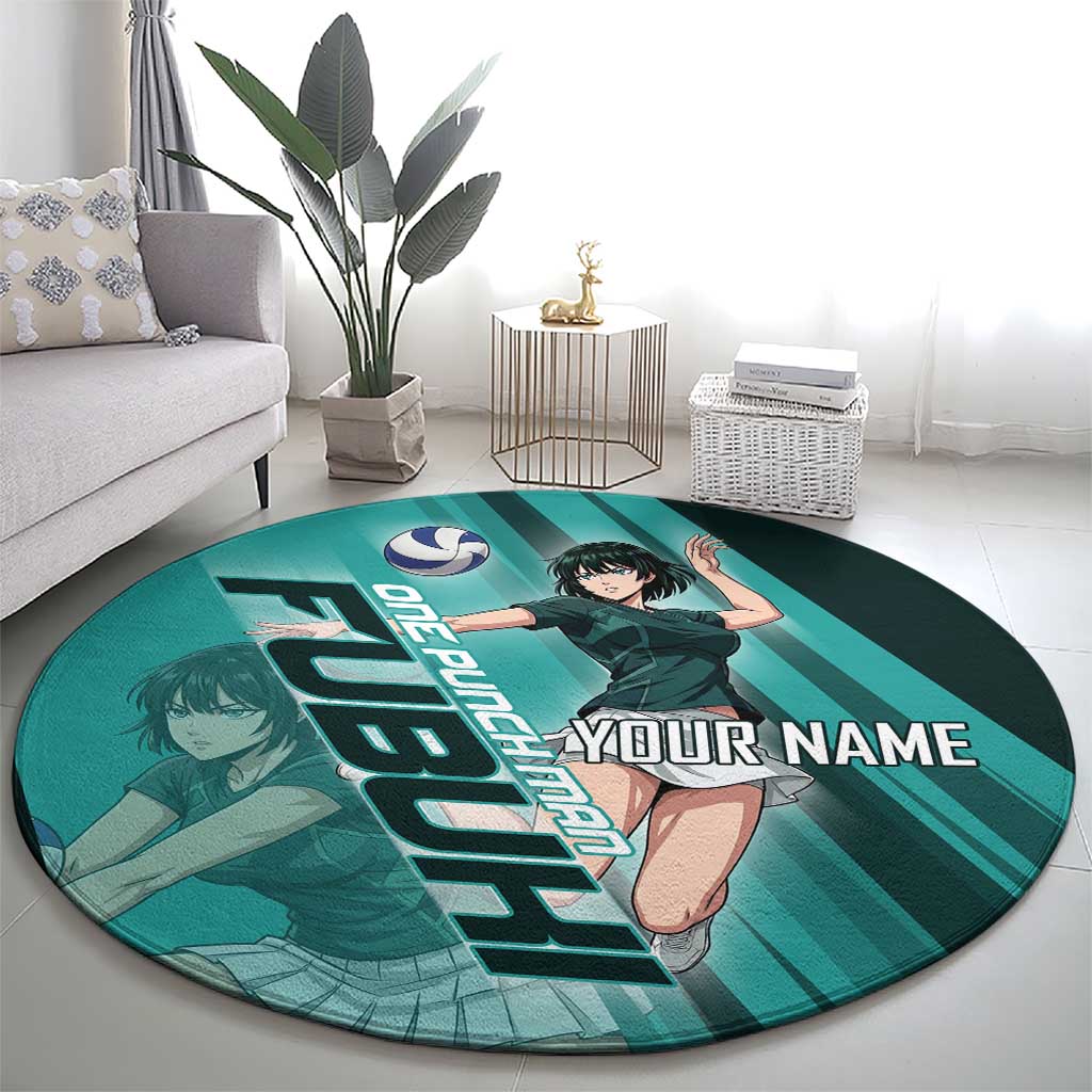 Personalized Fubuki Volleyball Design Round Carpet with Teal Athletic Theme and Dynamic Action Pose