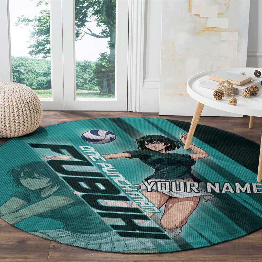 Personalized Fubuki Volleyball Design Round Carpet with Teal Athletic Theme and Dynamic Action Pose