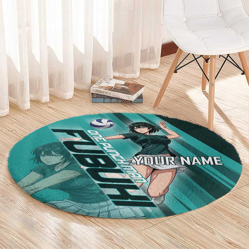 Personalized Fubuki Volleyball Design Round Carpet with Teal Athletic Theme and Dynamic Action Pose