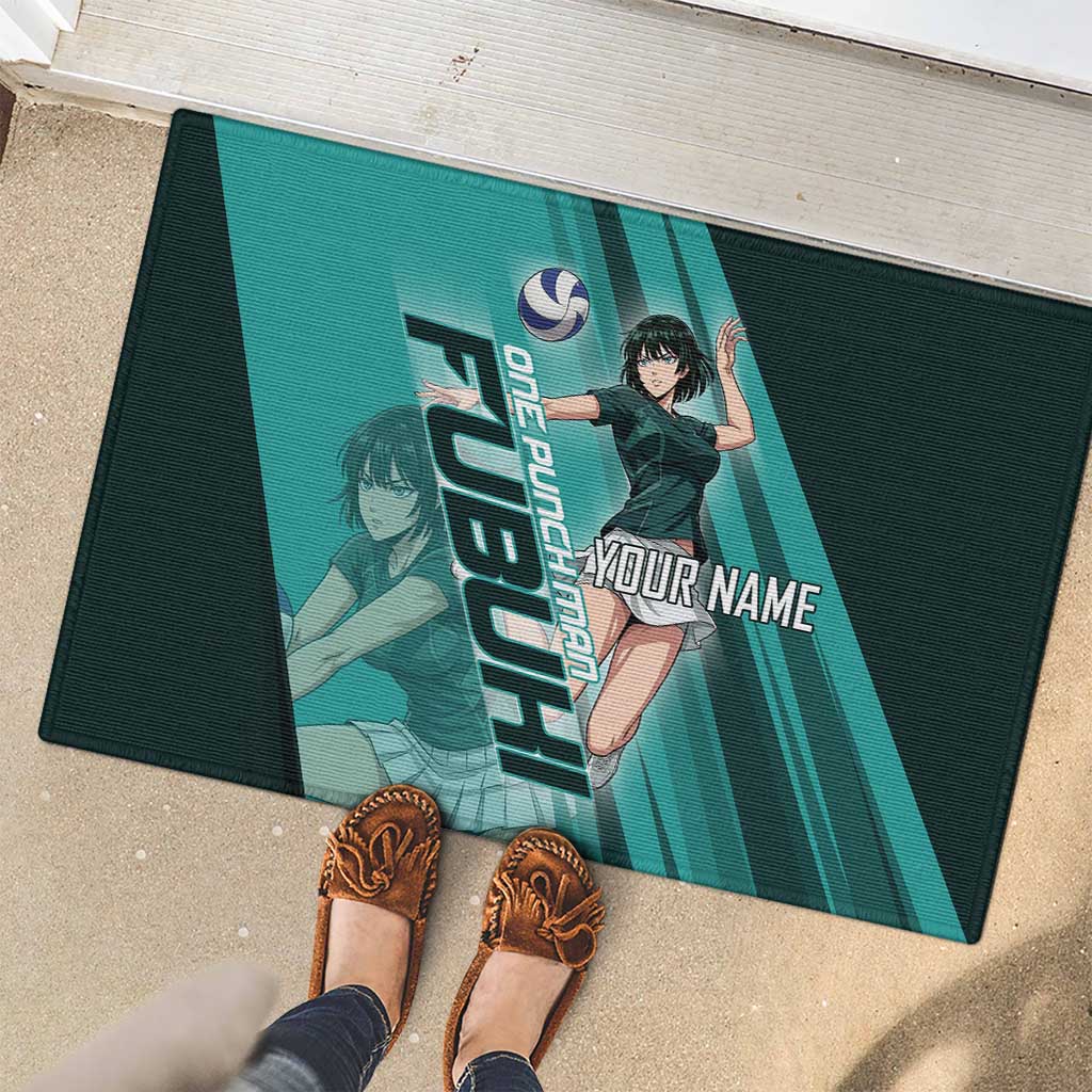 Personalized Fubuki Volleyball Design Rubber Doormat with Teal Athletic Theme and Dynamic Action Pose