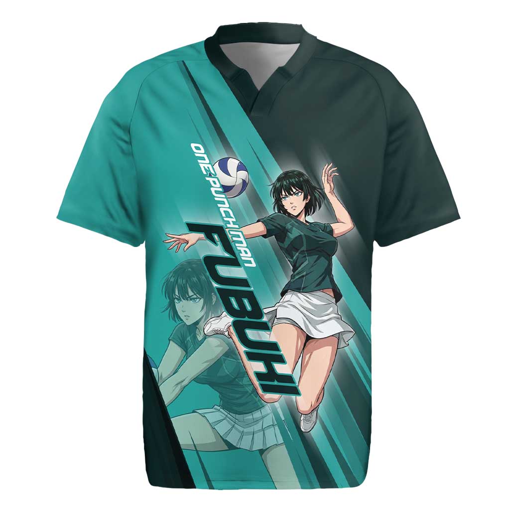 Personalized Fubuki Volleyball Design Rugby Jersey with Teal Athletic Theme and Dynamic Action Pose