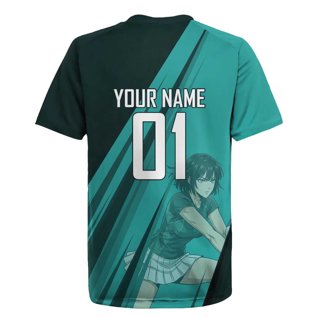 Personalized Fubuki Volleyball Design Rugby Jersey with Teal Athletic Theme and Dynamic Action Pose