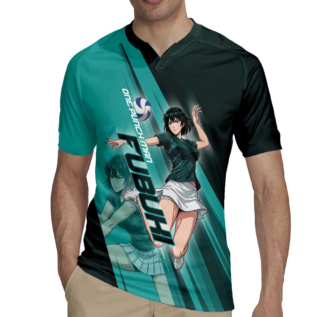 Personalized Fubuki Volleyball Design Rugby Jersey with Teal Athletic Theme and Dynamic Action Pose