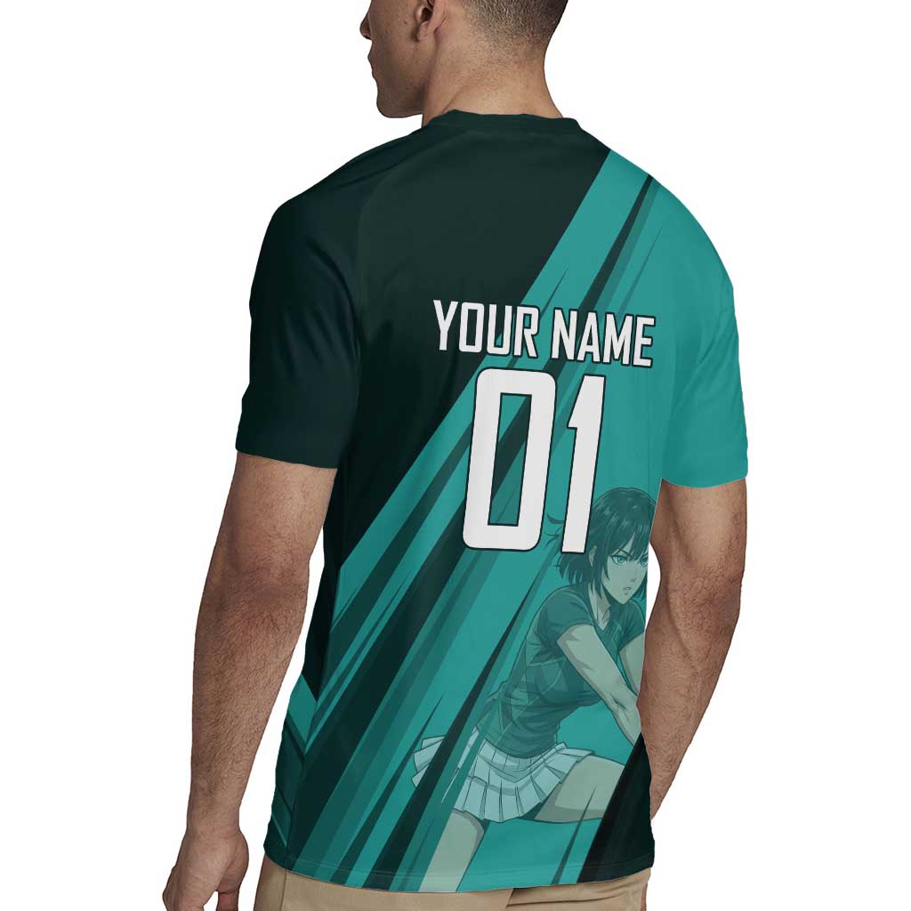 Personalized Fubuki Volleyball Design Rugby Jersey with Teal Athletic Theme and Dynamic Action Pose