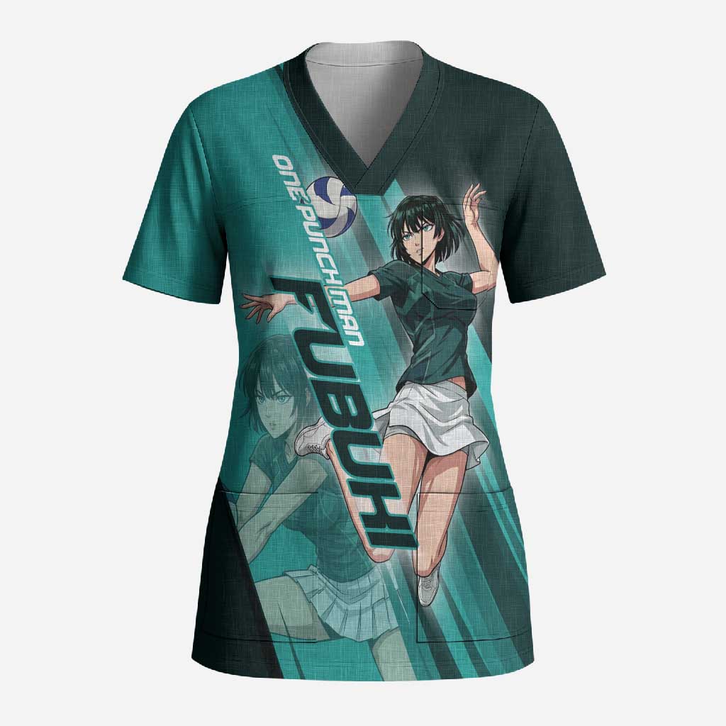 Personalized Fubuki Volleyball Design Scrub Top with Teal Athletic Theme and Dynamic Action Pose