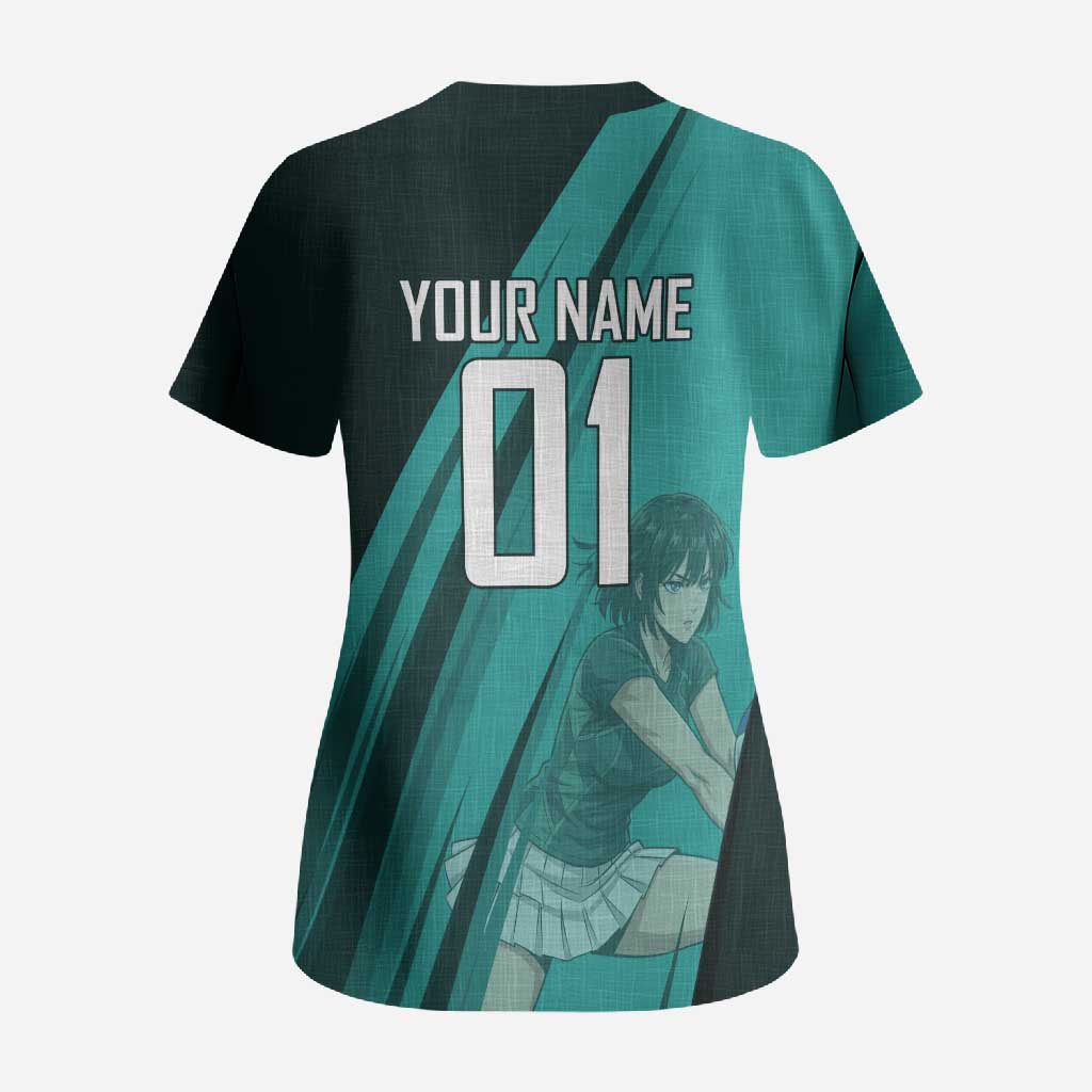 Personalized Fubuki Volleyball Design Scrub Top with Teal Athletic Theme and Dynamic Action Pose