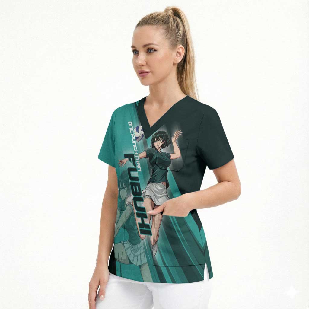 Personalized Fubuki Volleyball Design Scrub Top with Teal Athletic Theme and Dynamic Action Pose
